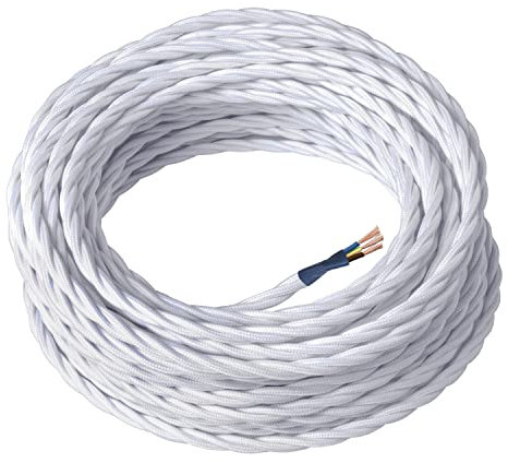 Amarcords - Cavo elettrico tessile colore BIANCO, trecciato, seta, 5 metri, con messa a terra 3x0,75mm - Filo rivestito in tessuto colorato vintage per lampade lampadari applique e abat jour.