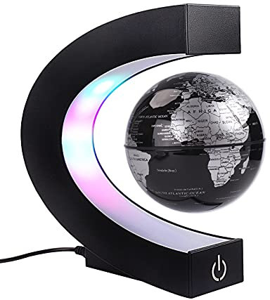 Magnetischer Schwimmender Globus mit farbigen LED-Lichtern C-Form Anti-Schwerkraft-Magnetschwebebahn Rotierende Weltkarte für Geschenk Home Office Schreibtischdekoration (Mit Schalter, Schwarz)