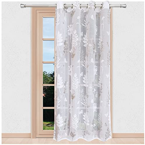 SeGaTeX home fashion Langstore Avara Ösenschal als Fertigstore weiß-Silber halbtransparent Gardine mit Blatt-Muster und Schmetterlingen Vorhang Ausbrenner Höhe 150-260 cm x Breite 460 cm