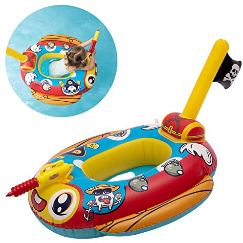 Chitomars Schwimmring Kinder mit Wasserpistole, Aufblasbarer Piratenboot Schlauchboot Schwimmreifen Schwimmhilfe Kinder Schwimmsitz für Kleinkind von 3-10 Jahre