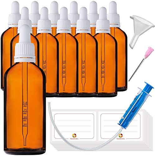 HandsUnity 100ml-12pcs Pipette Glass Bottle - Amber Glass Pharmacy Jar Set with White Pipette Cap includes 29pcs Auxiliary Accessories Brown Glass Bottles