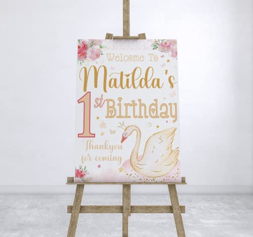 Panneau de bienvenue personnalisé en forme de cygne pour 1er anniversaire ou fête prénatale ou baptême pour filles Tailles A4 A3 A2 A1