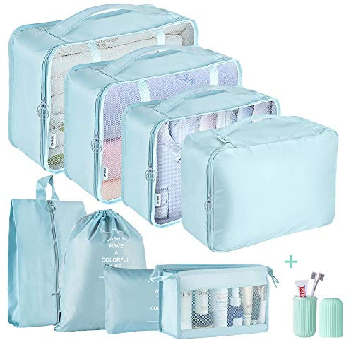 Packing Cubes Koffer Organizer Set 9-Teilig Kofferorganizer Packtaschen für Koffer Reisetasche travel Organizer WasserdichteRucksack Kleidertaschen für Kleidung Unterwäsche Kosmetik, Blau