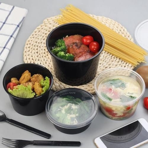 HOT BARGAINS 50 X 1000ml Heavy Duty Round Takeaway Food Containers with Lids Black Colour Round Shape Container Non CFC, BPA Free, Microwave & Freezer Safe