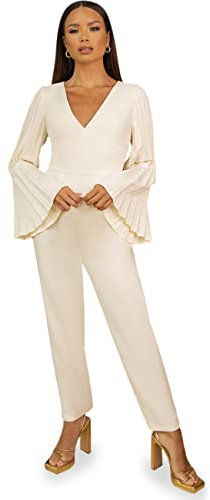 Chi Chi London Damen Overall mit plissiertem Cape Detail in Creme Jumpsuit, cremefarben, 38