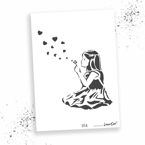 LaserCad Schablonen BANKSY Streetart (B014, Girl Heart Bubbles, DIN A3) Stencil für Graffiti, Airbrush, Kunst, Deko, zum Malen