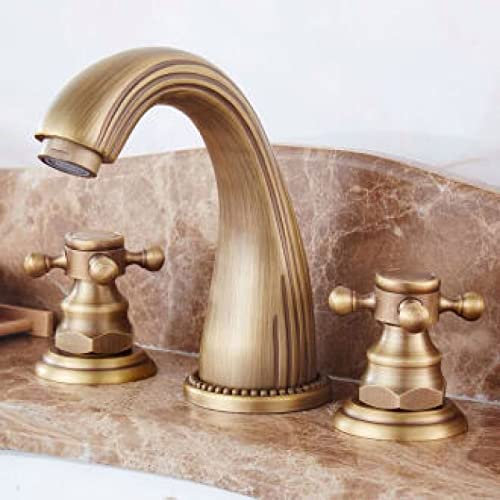 Grifo antiguo europeo vintage de tres orificios bajo el grifo del lavabo dividido caliente y frío Lavabo de cobre de tres piezas Juego de tres piezas, cláusula de línea de volante de tres orificios