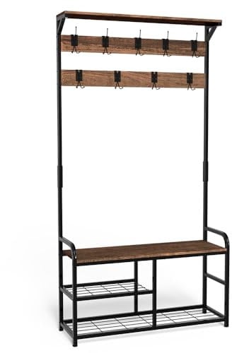VOUNOT Garderobenständer, Kleiderständer mit Schuhregal u. Sitzfläche, Garderobe für Flur, 3 Ebenen mit 9 abnehmbaren Haken, Anti-Kipp-System 185x85x33 cm