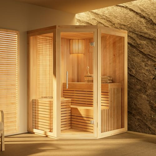 FinnTherm Sauna d'intérieur Ylva - Sauna d'angle avec façade en verre pour 2 personnes - Dimensions intérieures : l 129 x P 129 x H 191 cm - Chaises longues de sauna de qualité supérieure - Éléments