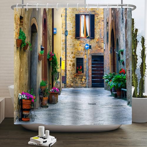 SDOTPMT 180x213cm Italien Stadtbild Duschvorhang Retro Mediterrane Straße Stein Haus Blumen Bad Vorhang Italienische natürliche Landschaft Badewanne Vorhang für Frauen Badezimmer Dekor mit Haken