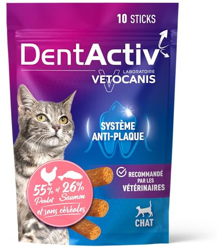 Vetocanis - Dentactiv - Stick Dentaire - Friandises - Hygiène et Santé - Riche en Viande & Poisson - 55% Poulet 26% Saumon - Recommandé par Les Vétérinaires - Système Anti-Plaque