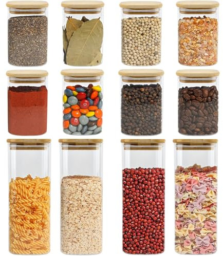 TMBMLPP 12 pcs Bocal en Verre Avec Couvercle en Bambou, 4x1000ml 8x600ml Bocaux en Verre Carré, Bocaux Rangement en Verre HerméTique, Bocaux Verre Rangement Cuisine, pour Épice Spaghetti Café Céréales