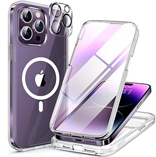 Miracase Magnetic Case for iPhone 14 Pro Max Case 6.7-Inch, Full Body Bumper Case Compatible with Magsafe and Built-in 9H Tempered Glass Screen Protector + Camera Lens Protector (Clear)