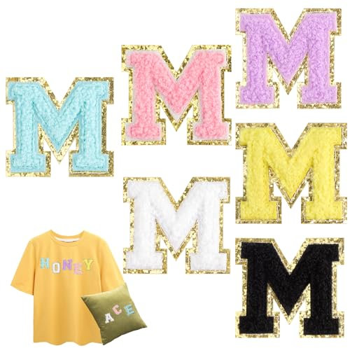 DAJISI 6PCS Chenille Letter Patches Iron On, Self-Adhesive Repair Letter Patches 3D Chenille Letter Patches Stick with Gold Sequins for Clothes Hat Backpacks Phone (M)