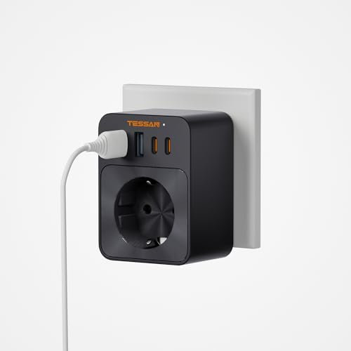 TESSAN USB Steckdose 30W, Mehrfachstecker für Steckdose, 3600W Steckdosenadapter mit 4 USB, Netzstecker Ladegerät, Stecker für Phone und Haushaltsgeräte, Mehrfachsteckdose Adapterstecker, Schwarz