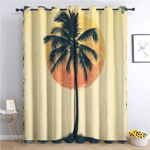 Srigzcaly Sonnenuntergang-Kokosnussbaum-Malerei Grommet Vorhänge - Lärmminderung, Staubdicht Vorhange Blickdicht, 220x215cm(BxH),Polyester Vorhänge für Kinderzimmer&Wohnzimmer Senfgelb