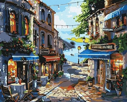 IDEYKA Restaurants an der Küste - Malen nach Zahlen für Erwachsene, einfaches Acryl-Malen nach Zahlen für Erwachsene, malen nach zahlen erwachsene mit rahmen,DIY-als Geschenk, 40х50cm