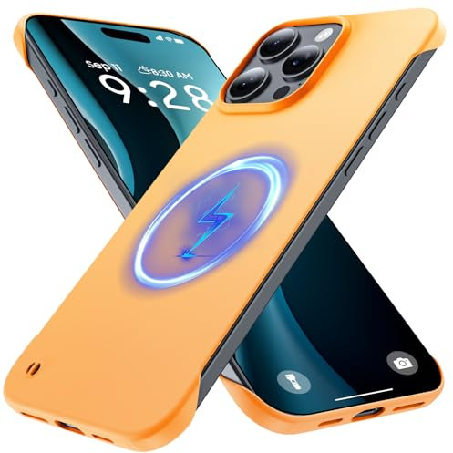 GRECAZO Magnetic Slim Case Fit for iPhone 16 Pro Phone Case 6.3(2024) Ultra-Thin Lightweight Durable Frameless Matte Hard for MagSafe Cover Case with Pull Ring Shockproof Non Slip Rope-Orange