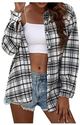 Plaid Printed Plüsch Shirt Langarm T Shirt Top Jacke Mantel Lange Damen Mantel Elegant Leichter Saisonmantel für Damen mit kariertem Hemd (White #1, S)