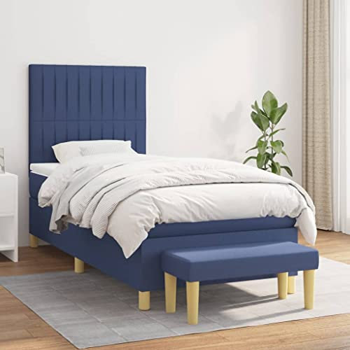 OHOOWOO Boxspringbett mit Matratze Blau 100x200 cm Stoff,Komfortables Boxspringbett mit Taschenfederkernmatratze und höhenverstellbarem Kopfteil