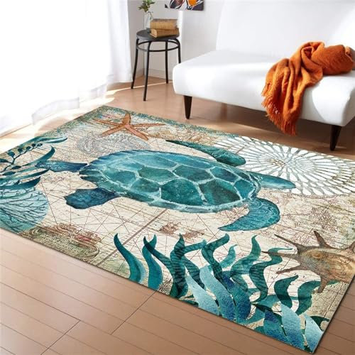 Teppich mit nautischer Meeresschildkröte, Landkarte, Ozean-Tierdruck, Kinderteppich, maschinenwaschbar, strapazierfähig, für Wohnzimmer, Jungen, Schlafzimmer, 70 x 140 cm
