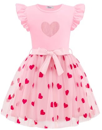 Vestito da Bambina Estivo Rosa Arshiner, Maniche Balze T-Shirt con Gonna in Tulle, Set di Abbigliamento Bambini Festivo, Vestito alla Moda, Vestito da Festa di Compleanno con Cintura 3-4 Anni