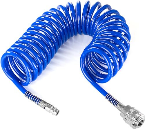 Poppstar Spiral Druckluftschlauch 10m aus PU (5mm x 8mm Durchmesser) Spiralschlauch Druckluft mit Knickschutz und Schnellkupplung NW 7,2