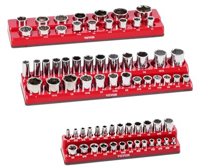 VEVOR Magnetic Socket Organizer Set, 3PCS Magnetic Socket Holder, 1/4'', 3/8'' & 1/2'' SAE Socket Trays with Clear Labels, Hold up to 68PCS Standard & Deep Sockets, Red (Sockets Not Included)