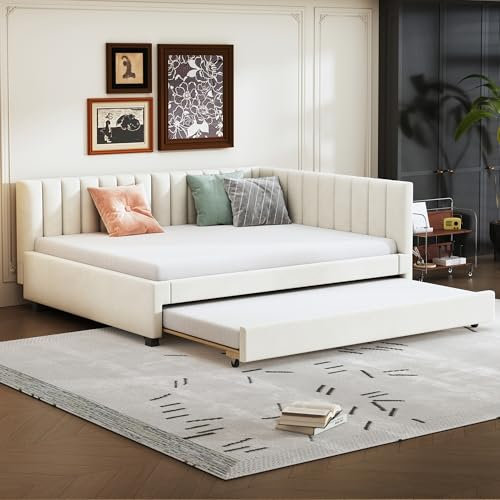 YuQozii Polsterbett 140 * 200, Ausziehbares Schlafsofa, Multifunktionsbett mit Lattenrost, Jugendbetten Kinderbetten Gästebetten, Samtstoff Grau (Beige)