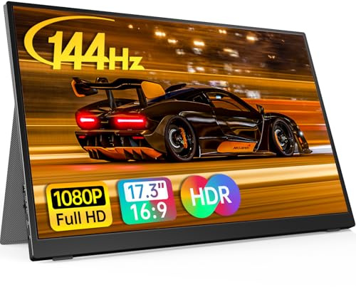 Anyuse Monitor portatile 17,3 FHD 144Hz IPS USB-C HDMI | 17,3 FHD IPS 144Hz HDR, smart cover+altoparlanti, USB-C/HDMI, PC/Mac/Phone/PS5/Xbox/Switch, giochi di viaggio.