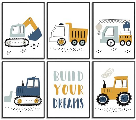 Dazzlewall 6-teilige Bauarbeiter-Lastwagen-Wanddekoration Motivationale Zitate Wandposter für Kinderzimmer Kleinkind-Jungenzimmer-Dekor 8x10 Zoll ungerahmt