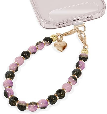 ROCONTRIP Beaded Phone Wrist Strap Handmade Phone Chain with 2 TPU Tether Tabs Detachable iPhone Charm Bracelet Strap For Women Girls-Black Purple