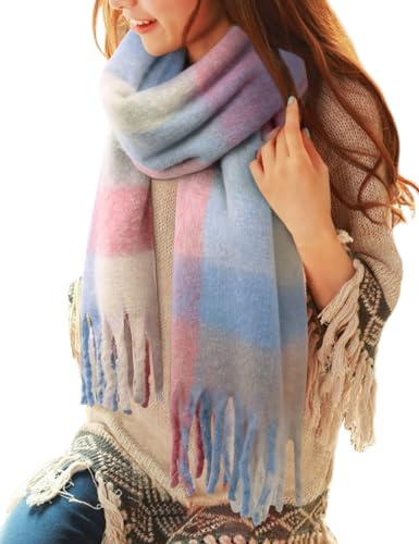 CMTOP Women Tartan Scarf Long Plaid Wrap Winter Warm Check Scarves Shawls Blanket with Tassel Gifts for Ladies Girls