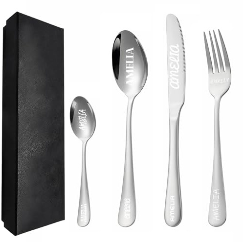 JJ GRADGOWN Custom Engraved Cutlery Set, Personalised Cutlery Set Adult with Name Text-Fork/Knife/Spoon Stainless Steel Cutlery, Tableware Set with Gift Box for Friends, Parents, Lovers (Silver)