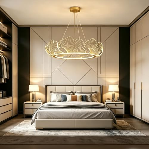 Trutipon Kristall Kronleuchter Moderne Goldene LED Pendelleuchte 48/68cm Höhenverstellbare Fernbedienung Hängelampe Acryl Ginkgo Blatt Design Wohnzimmer Esszimmer Schlafzimmer Deckenbeleuchtung