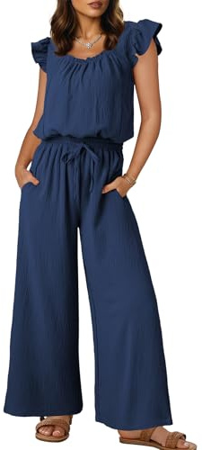 Dokotoo Jumpsuit Damen Sommer Musselin Overalls Elegant Hosenanzug | Rüschenärmel Weites Bein Playsuit Lang Romper Mode Einteiler Business Festliches Outfit