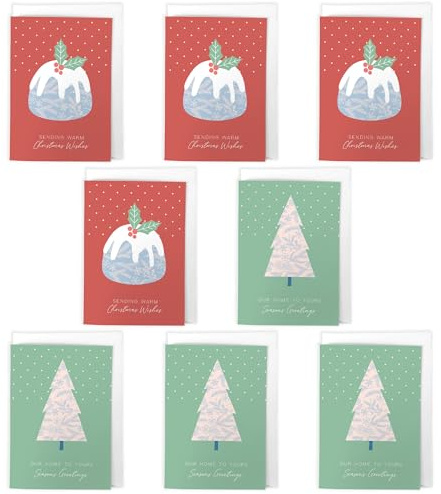 Artery8 Pudding and Tree Christmas Cards Set of 8 - A6 Size - Seasons Greetings Festive Pattern