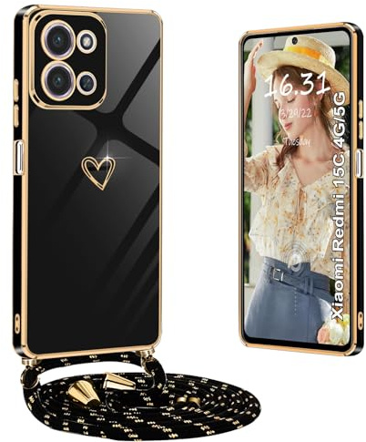 Yutwo Coque pour Xiaomi Redmi 15C 4G/5G avec Cordon, Housse en Silicone Antichoc avec Motif Cœur et Collier Xiaomi Redmi 15C 4G/5G Case, Noir