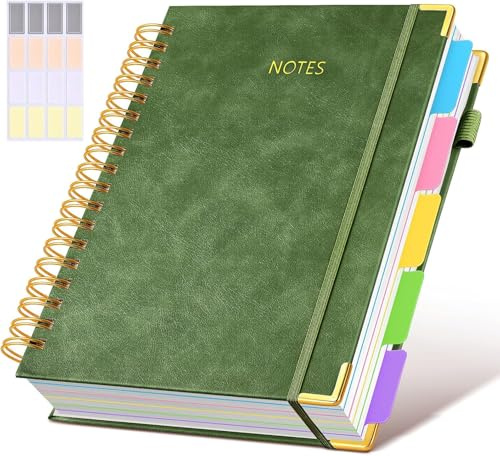 Bunilili Linie Hardcover Spiral Notebook mit abnehmbaren Teilern Tabs & Ruler, 5 Subject Notebook College Regelt, 300 Seite, große B5 Notebooks für die Arbeit, Studie (Grün)