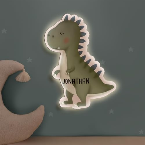 hellomini Personalisierbares LED-Nachtlicht mit Name für Kinder & Babys | Holz-Wandlampe | Schlummerlicht mit Motivwahl – Geschenk zur Geburt & Taufe (Dino Aquarell)