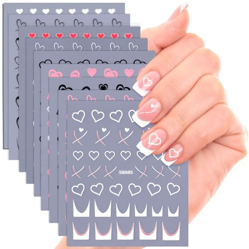 JSRQT Nail Stickers Heart Pink, Nail Art Stickers Decals for Women Girls, DIY Self Adhesive Small Manicure Design Accessories Decoration Supplies (9 Sheets)