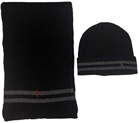 Polo Ralph Lauren 2-teiliges Herren-Set, Mütze und Schal, marineblau, Lammwoll-Mischgewebe, Schwarz, Einheitsgröße