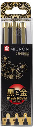 SAKURA Pigma Micron Fineliner, Schwarz und Gold Edition, 01/03/05, schwarze Tinte, 3 Stück