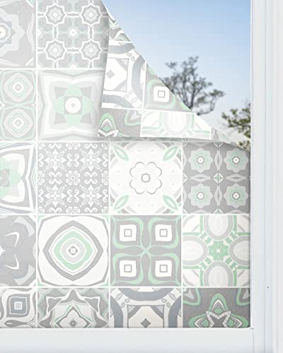 Panorama Vinilo para Ventanas Baldosa Hidráulico Verde 39x200 cm - Lámina Translúcida para Cristal - Pegatina Privacidad - Válido para Ducha - Decoración