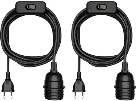 ledscom.de 2 Stück Textilkabel LEKA, Stecker, Schalter, schwarz, 3 m, Lampen-Fassung, 1x E27 max. 60W