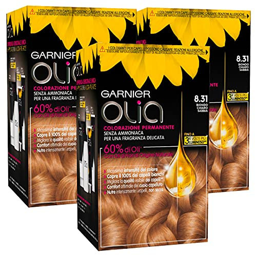 Garnier Olia Tinte permanente para el cabello, 8.31 Rubio Claro Arena, sin amoníaco, fragancia delicada, 3 tintes