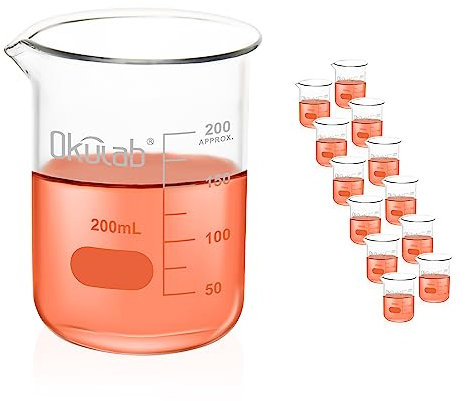 Okulab 200 mL Glass Beaker, Low Form, Graduated 3.3 Borosilicate Glass Beaker Set (case of 12) for Lab, Classroom, Craft, Kitchen,BKLG200A12