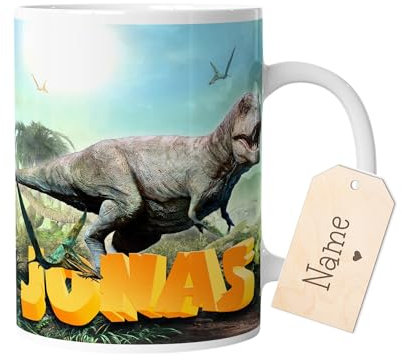 timalo® Tasse Motiv Dinosaurier mit Namen bedrucken lassen | Individuelle Kindertasse mit Dinos und Wunschname für Kinder Jungen | mug-child-1