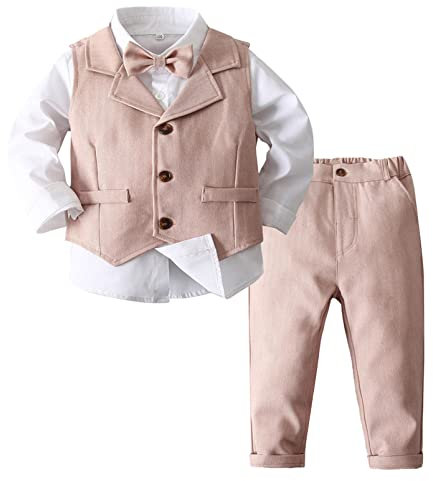 Aislor Costume de Baptême Gentleman Enfant Garcon Fille Chemise Blanc + Cravate Fleuri +Gilet + Pantalon Garcon Tenu Formel Manche Longue 4 Pièces 12Mois-8 Ans Rose 2-3 Ans