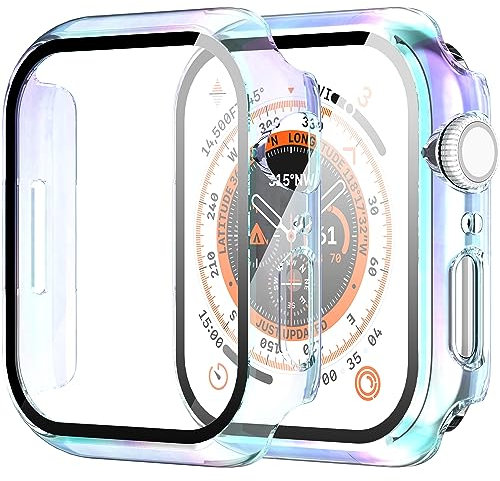 Diruite 2 Piezas Funda para Apple Watch Series 9/8/7 45mm Protector Pantalla Cristal Templado Incorporado HD Protección Completa PC Dura Estuche Case,Multicolour,45mm